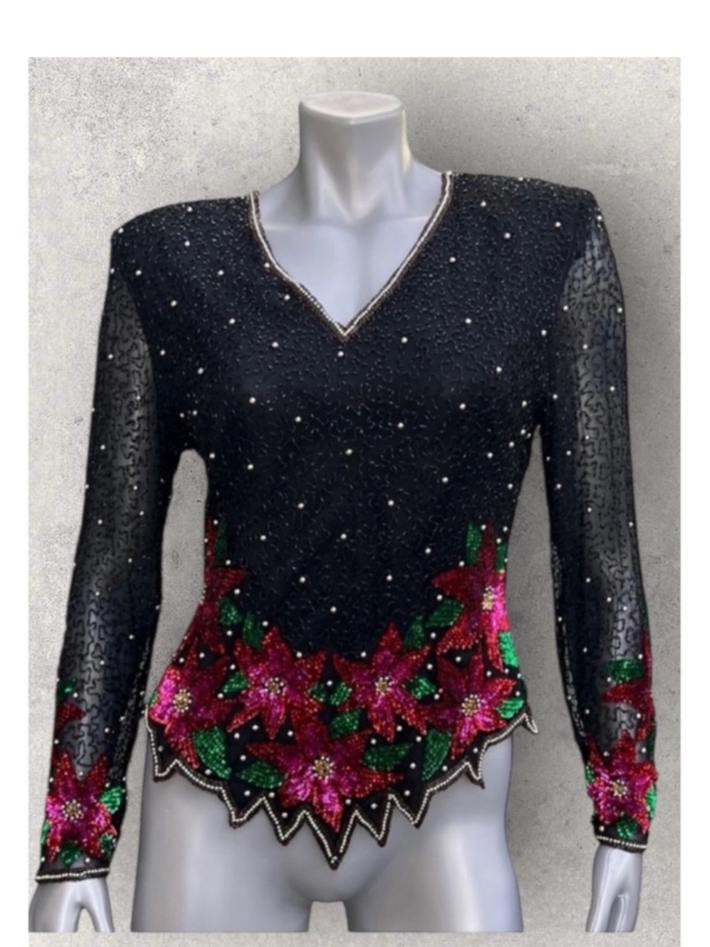 Vintage Laurence Kazar Floral Beaded Blouse Scalloped